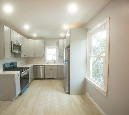 Interior, Kitchen, Recessed Lighting, Stainless Steel Appliances, Wood Texture Flooring