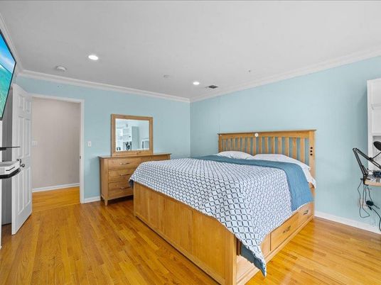 Bedroom, Interior, Recessed Lighting, Wood Texture Flooring