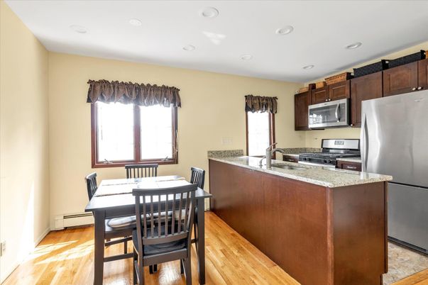 Dining room, Interior, Kitchen, Recessed Lighting, Wood Texture Flooring