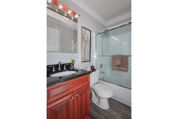 Bathroom, Glass Shower, Interior, Wood Texture Flooring