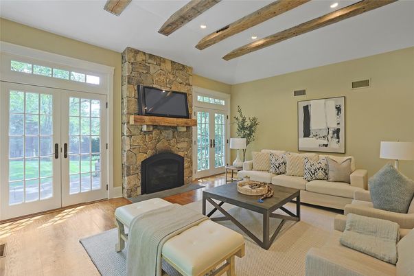 Fireplace, Interior, Living room, Recessed Lighting, Stone Walls, Wooden Beams, Wood Texture Flooring