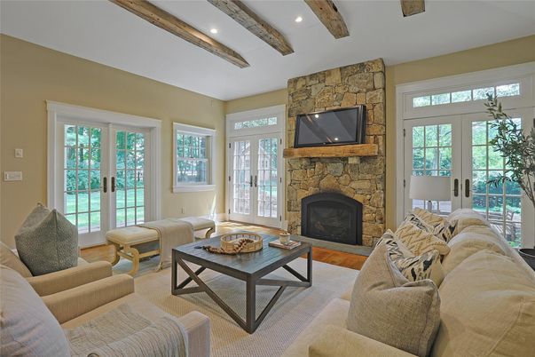Fireplace, Interior, Living room, Recessed Lighting, Stone Walls, Wooden Beams, Wood Texture Flooring