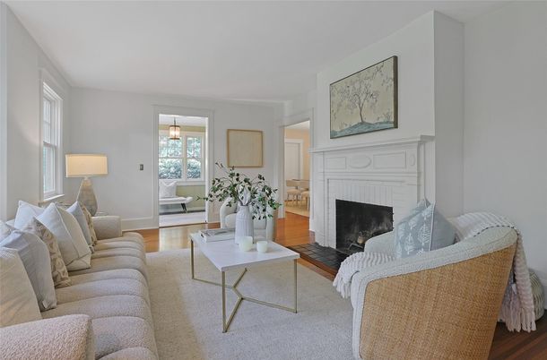 Fireplace, Interior, Living room, Pendant Lights, Wood Texture Flooring
