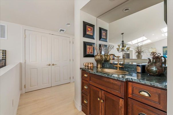 Bathroom, Dual Sink Vanities, Interior, Recessed Lighting, Wood Texture Flooring