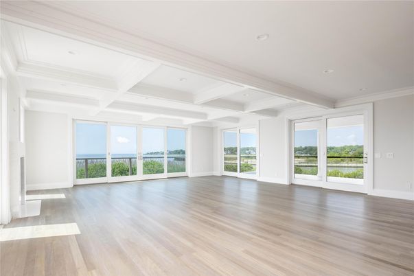 Empty room, Interior, Recessed Lighting, Water, Wood Texture Flooring