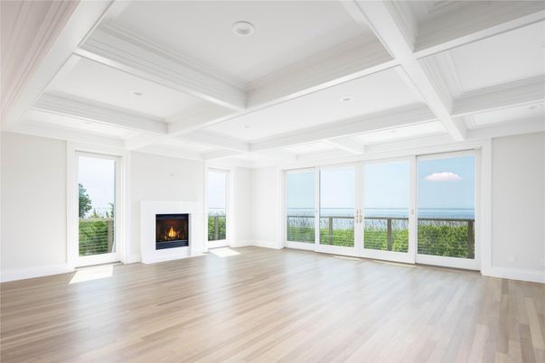 Empty room, Fireplace, Interior, Recessed Lighting, Water, Wood Texture Flooring