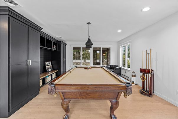 Billiard Table, Game Room, Interior, Pendant Lights, Recessed Lighting, Wood Texture Flooring