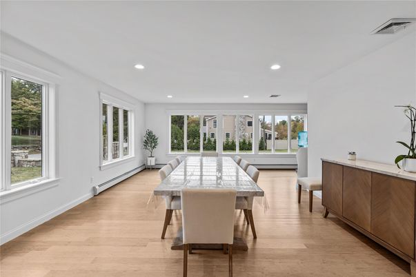 Dining room, Interior, Recessed Lighting, Wood Texture Flooring