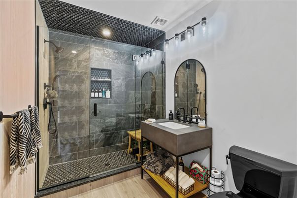 Bathroom, Glass Shower, Interior, Recessed Lighting, Wood Texture Flooring