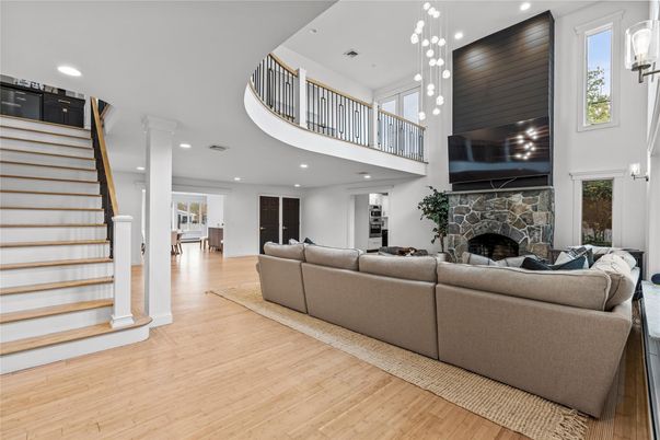 Fireplace, Interior, Living room, Pendant Lights, Recessed Lighting, Wood Texture Flooring