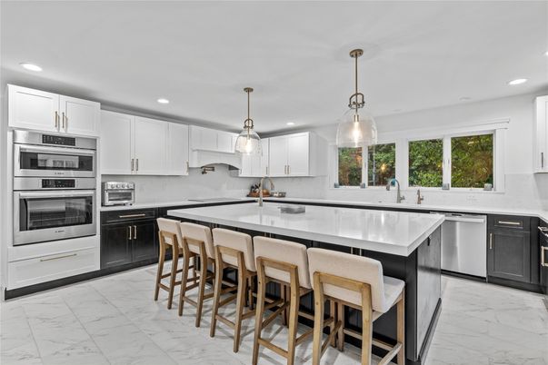 Interior, Kitchen, Marble, Pendant Lights, Recessed Lighting, Stainless Steel Appliances