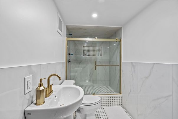 Bathroom, Glass Shower, Interior, Marble Walls, Recessed Lighting