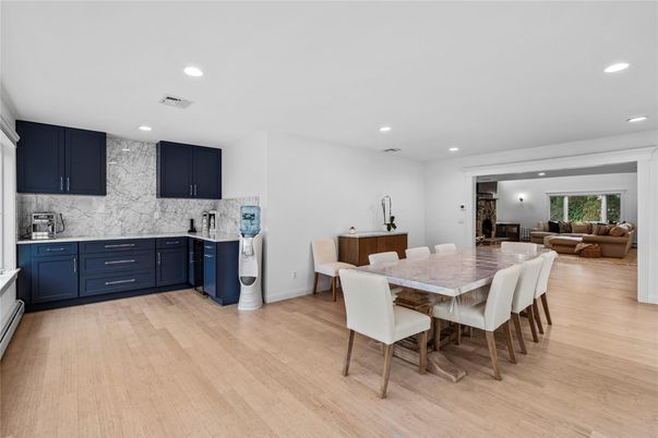 Dining room, Interior, Living room, Recessed Lighting, Wood Texture Flooring
