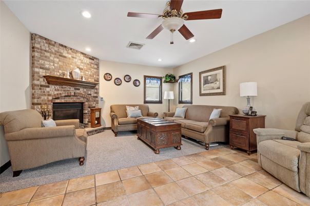Fireplace, Interior, Living room, Recessed Lighting, Stone Walls