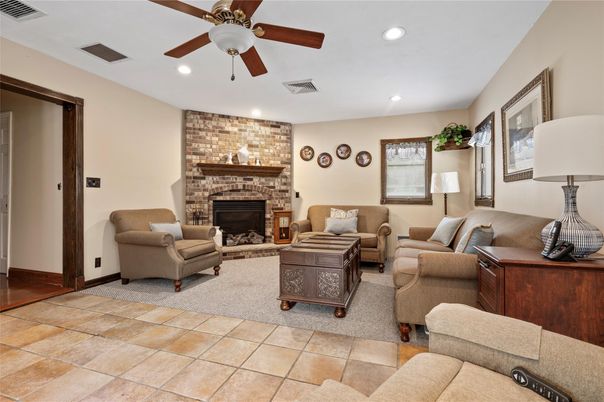 Fireplace, Interior, Living room, Recessed Lighting, Stone Walls