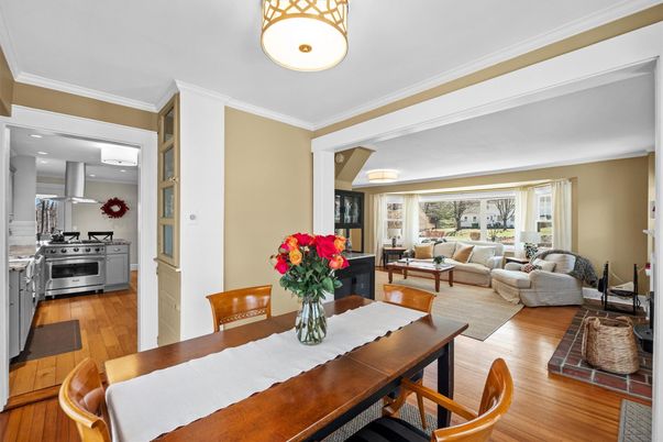 Dining room, Interior, Kitchen, Living room, Recessed Lighting, Stainless Steel Appliances, Wood Texture Flooring