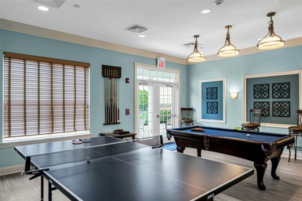 Billiard Table, Game Room, Interior, Pendant Lights, Recessed Lighting, Wood Texture Flooring