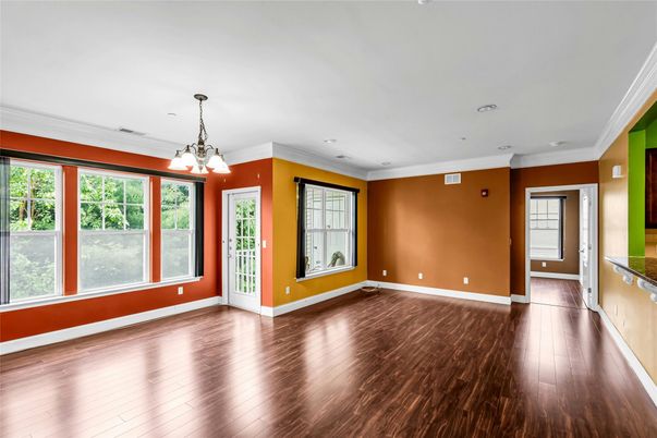 Chandelier, Empty room, Interior, Pendant Lights, Recessed Lighting, Wood Texture Flooring