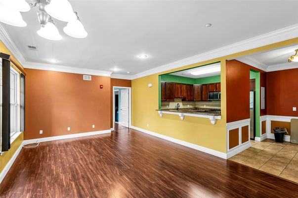 Empty room, Interior, Kitchen, Recessed Lighting, Wood Texture Flooring