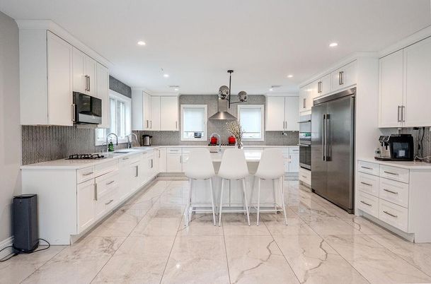 Interior, Kitchen, Marble, Pendant Lights, Recessed Lighting, Stainless Steel Appliances