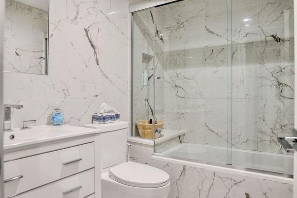 Bathroom, Glass Shower, Interior, Marble Walls, Recessed Lighting