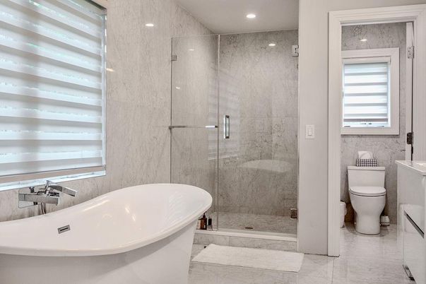 Bathroom, Free Standing Baths, Glass Shower, Interior, Marble Walls, Recessed Lighting