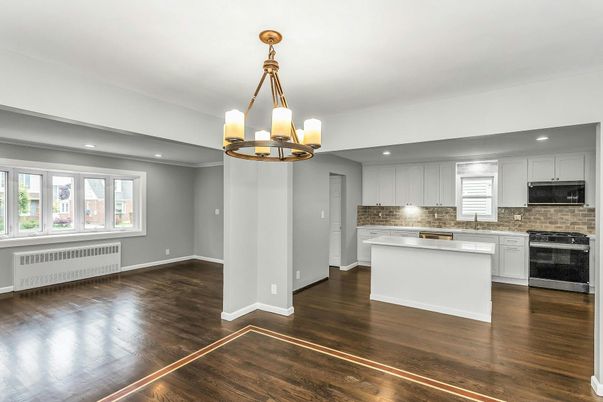 Chandelier, Interior, Kitchen, Pendant Lights, Recessed Lighting, Wood Texture Flooring