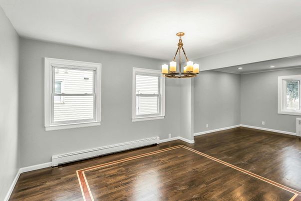 Chandelier, Empty room, Interior, Recessed Lighting, Wood Texture Flooring