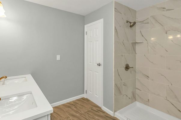 Bathroom, Interior, Marble Walls, Wood Texture Flooring