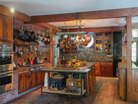 Interior, Kitchen, Pendant Lights, Stainless Steel Appliances, Stone Walls, Wood Texture Flooring