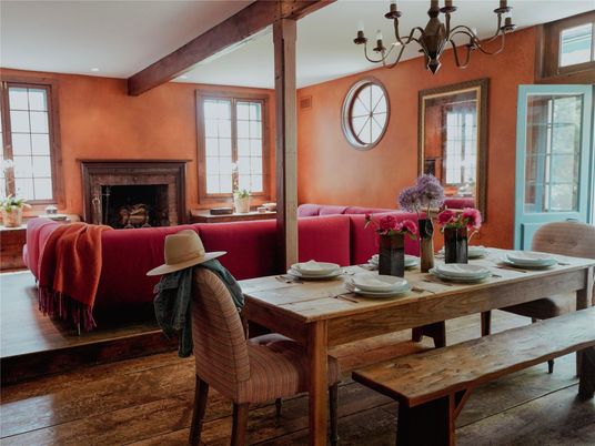 Chandelier, Dining room, Fireplace, Interior, Recessed Lighting, Wooden Beams, Wood Texture Flooring