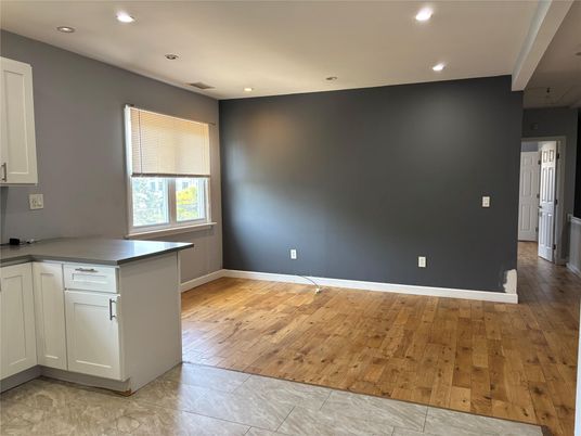 Empty room, Interior, Kitchen, Recessed Lighting, Wood Texture Flooring