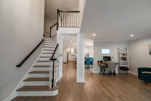 Dining room, Interior, Recessed Lighting, Wood Texture Flooring