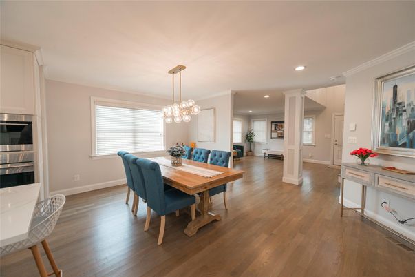 Dining room, Interior, Pendant Lights, Recessed Lighting, Wood Texture Flooring