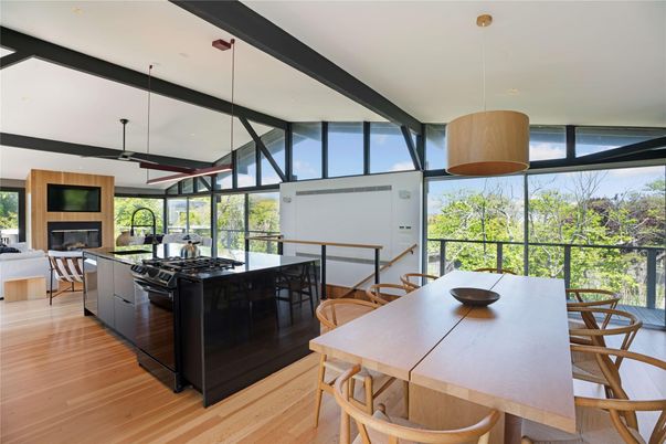 Dining room, Fireplace, Interior, Kitchen, Pendant Lights, Wood Texture Flooring