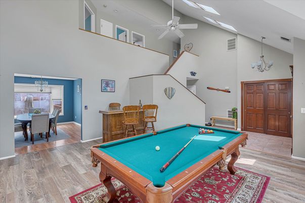 Billiard Table, Chandelier, Dining room, Game Room, Interior, Wood Texture Flooring