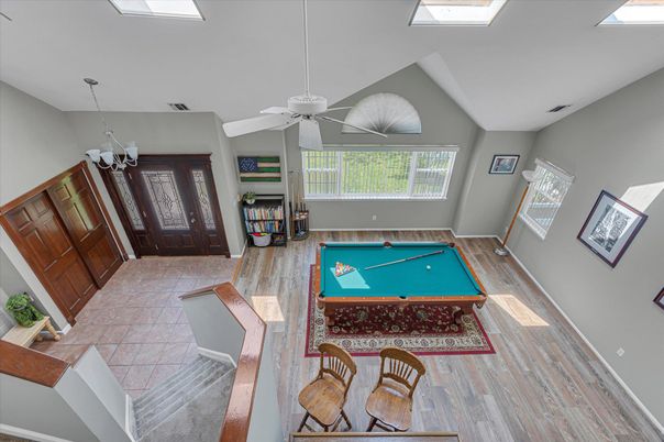 Billiard Table, Chandelier, Game Room, Interior, Pendant Lights, Wood Texture Flooring