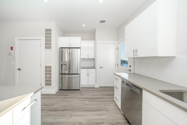 Interior, Kitchen, Recessed Lighting, Stainless Steel Appliances, Wood Texture Flooring