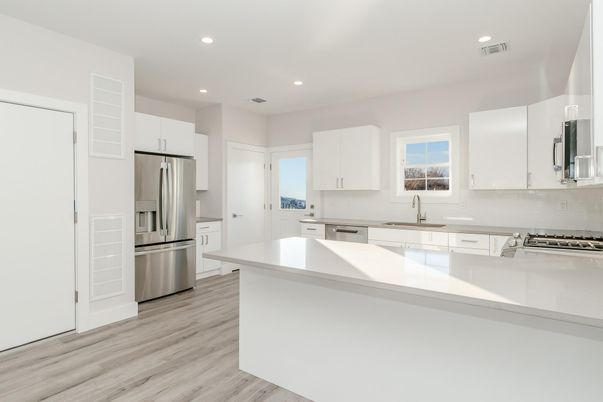 Interior, Kitchen, Recessed Lighting, Stainless Steel Appliances, Wood Texture Flooring
