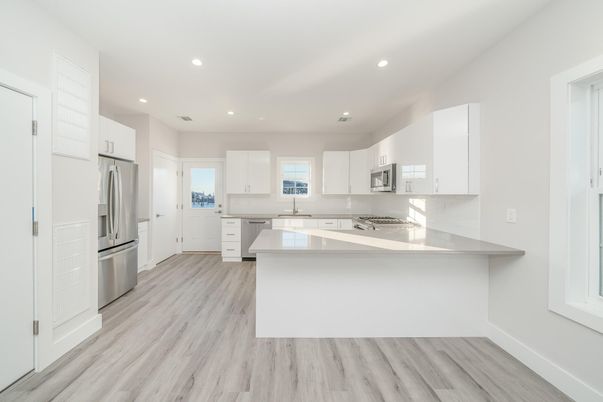 Interior, Kitchen, Recessed Lighting, Stainless Steel Appliances, Wood Texture Flooring