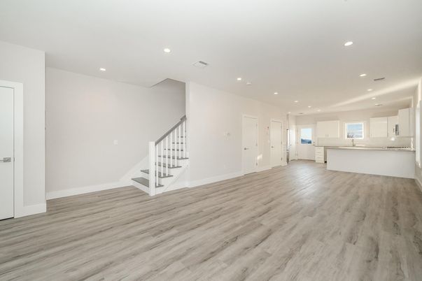 Empty room, Interior, Kitchen, Recessed Lighting, Wood Texture Flooring