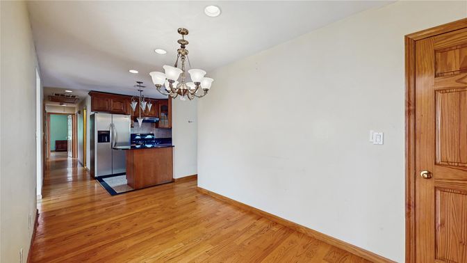 Chandelier, Interior, Kitchen, Recessed Lighting, Stainless Steel Appliances, Wood Texture Flooring