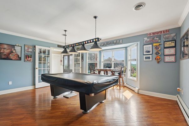 Billiard Table, Dining room, Game Room, Interior, Pendant Lights, Wood Texture Flooring
