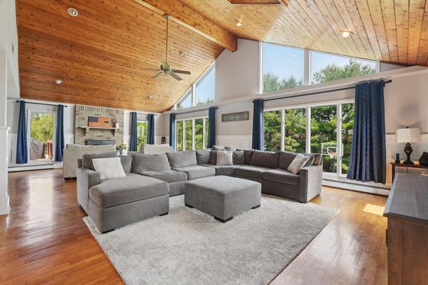 Fireplace, Interior, Living room, Recessed Lighting, Stone Walls, Wooden Beams, Wooden Ceilings, Wood Texture Flooring