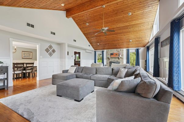 Dining room, Fireplace, Interior, Living room, Recessed Lighting, Wooden Beams, Wooden Ceilings, Wood Texture Flooring
