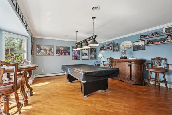 Billiard Table, Game Room, Interior, Pendant Lights, Wood Texture Flooring