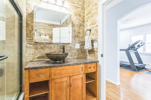 Bathroom, Interior, Stone Walls, Wood Texture Flooring