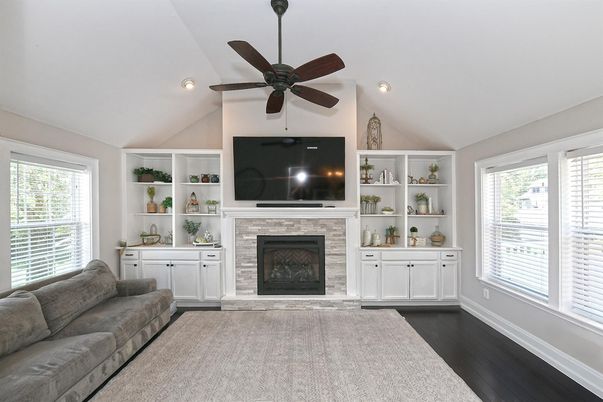 Fireplace, Interior, Recessed Lighting, Wood Texture Flooring