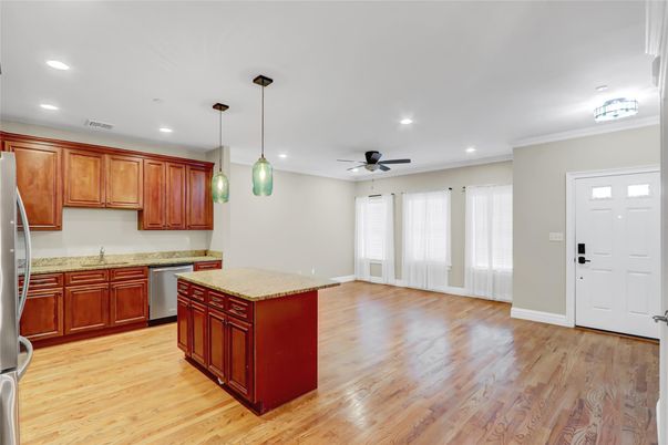 Interior, Kitchen, Pendant Lights, Recessed Lighting, Wood Texture Flooring