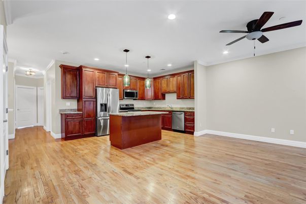 Interior, Kitchen, Pendant Lights, Recessed Lighting, Stainless Steel Appliances, Wood Texture Flooring